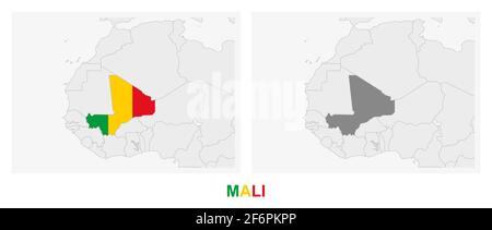 Deux versions de la carte du Mali, avec le drapeau du Mali et surligné en gris foncé. Carte vectorielle. Illustration de Vecteur