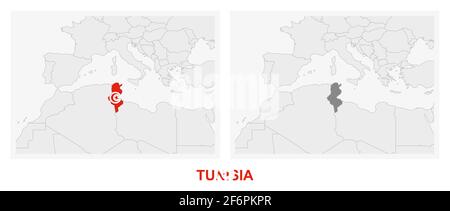 Deux versions de la carte de la Tunisie, avec le drapeau de la Tunisie et surligné en gris foncé. Carte vectorielle. Illustration de Vecteur