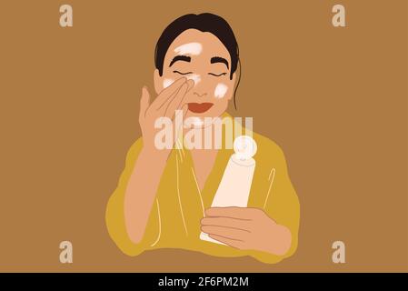 Jolie femme appliquer de la crème ou frotter sur le visage dans un peignoir jaune tout en tenant un tube. Soin de la peau propre et esthétique. Illustration vectorielle. Illustration de Vecteur