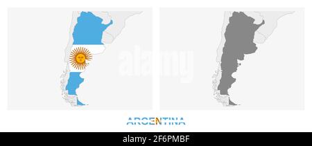 Deux versions de la carte de l'Argentine, avec le drapeau de l'Argentine et surligné en gris foncé. Carte vectorielle. Illustration de Vecteur
