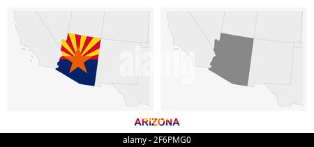 Deux versions de la carte de l'Arizona de l'État des États-Unis, avec le drapeau de l'Arizona et surligné en gris foncé. Carte vectorielle. Illustration de Vecteur