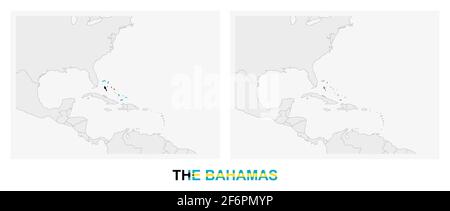 Deux versions de la carte des Bahamas, avec le drapeau des Bahamas et surligné en gris foncé. Carte vectorielle. Illustration de Vecteur