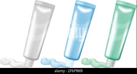 Ensemble de tubes de dentifrice ouverts en trois couleurs, isolés sur fond blanc. Illustration vectorielle au réalisme photographique. Illustration de Vecteur