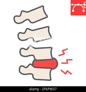 Icône de ligne de couleur de douleur de colonne vertébrale, mal de dos et douleur dorsale, icône de vecteur de disque hernié, graphiques vectoriels, signe de contour rempli de trait modifiable, eps 10. Illustration de Vecteur