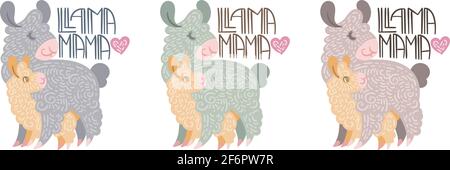 Llama Mama. Ensemble de jolies lamas curly maman avec bébé. Illustration avec lettrage pour les pages de coloriage, les tirages pour enfants et adultes, Fête des mères Illustration de Vecteur