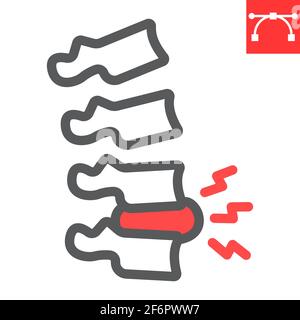 Icône de la ligne de douleur de la colonne vertébrale, mal de dos et douleur dorsale, icône de vecteur de disque hernié, graphiques vectoriels, signe de contour de contour modifiable, eps 10. Illustration de Vecteur