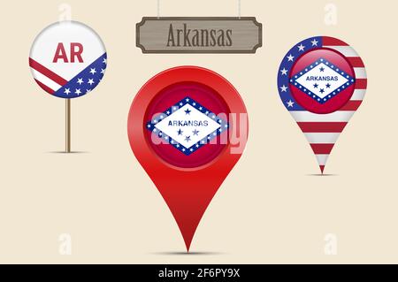 Drapeau rond de l'État américain de l'Arkansas. Épingle de carte, marqueur de carte rouge, pointeur de position. Affiche suspendue en bois de style vintage. Illustration. Étoiles et rayures américaines Banque D'Images