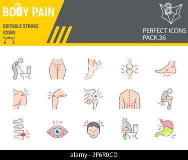 Jeu d'icônes de ligne de couleur de douleur corporelle, collection de cache corporel, graphiques vectoriels, illustrations de logo, icônes de vecteur de douleur corporelle, signes de maladie, contour rempli Illustration de Vecteur