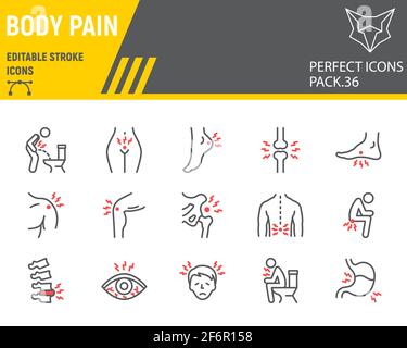 Jeu d'icônes de ligne de douleur corporelle, collection de cache corporel, graphiques vectoriels, illustrations de logo, icônes de vecteur de douleur corporelle, signes de maladie, pictogrammes de contour Illustration de Vecteur