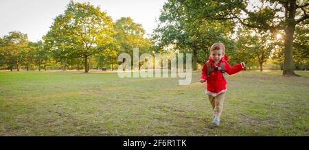 Un joli petit garçon à tête rouge portant une veste rouge qui court sur une pelouse dans un parc une soirée ensoleillée Banque D'Images