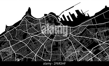 Carte d'arrière-plan à vecteur noir et blanc, rues de la ville de Casablanca et illustration de la cartographie de l'eau. Format écran large, design numérique plat str Illustration de Vecteur