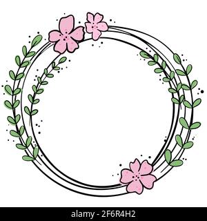 Cadre rond avec fleurs et feuilles monolignes. Cadre dessiné à la main avec fleurs. Couronne, gabarit pour cartes de conception. Vecteur. Illustration de Vecteur