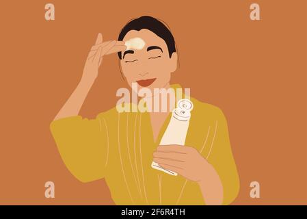 Jolie femme appliquer de la crème ou frotter sur le visage dans un peignoir jaune tout en tenant un tube. Soin de la peau propre et esthétique. Illustration vectorielle. Illustration de Vecteur