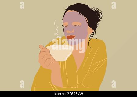 Jolie femme avec masque de détox sur le visage avec tasse de thé relaxant dans le peignoir jaune. Concept de soin de la peau propre et de beauté. Bien-être et anti-âge. Illustration vectorielle. Illustration de Vecteur