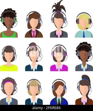 Les avatars de centre d'appels Vector féminin sont de style plat avec un casque, concept de communication d'entreprise. Avatars avec casque et microphones Illustration de Vecteur