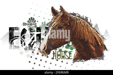 Tête de cheval illustration vectorielle de bannière sur fond grungy avec ferme Et Forest Illustration de Vecteur