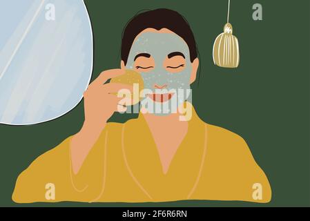 Jolie femme lave le masque avec une éponge du visage en peignoir jaune. Soin de la peau propre et esthétique. Anti-âge. Illustration vectorielle. Illustration de Vecteur