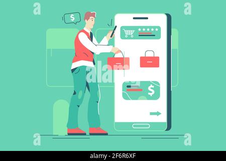 Homme ayant des achats en ligne via smartphone Illustration de Vecteur