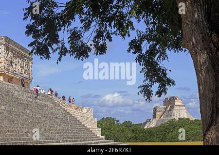 Maison des Tortues / Casa de las Tortugas et Pyramide du Magicien / Pirámide del adivino dans l'ancienne ville maya Uxmal, Yucatán, Mexique Banque D'Images