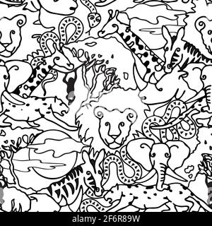 Dessin vectoriel sans couture motif animal ligne art. papier peint safari noir et blanc pour enfants. Fond africain dessiné à la main. Illustration de Vecteur