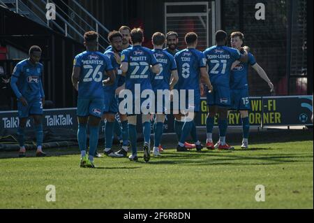 SALFORD, ROYAUME-UNI. 2 AVRIL : les joueurs de Grimsby célèbrent leur but après 2 minutes lors du match Sky Bet League 2 entre Salford City et Grimsby Town à Moor Lane, Salford, le vendredi 2 avril 2021. (Credit: Ian Charles | MI News) Credit: MI News & Sport /Alay Live News Banque D'Images