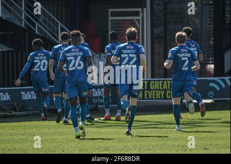 SALFORD, ROYAUME-UNI. 2 AVRIL : les joueurs de Grimsby célèbrent leur but après 2 minutes lors du match Sky Bet League 2 entre Salford City et Grimsby Town à Moor Lane, Salford, le vendredi 2 avril 2021. (Credit: Ian Charles | MI News) Credit: MI News & Sport /Alay Live News Banque D'Images