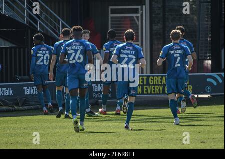 SALFORD, ROYAUME-UNI. 2 AVRIL : les joueurs de Grimsby célèbrent leur but après 2 minutes lors du match Sky Bet League 2 entre Salford City et Grimsby Town à Moor Lane, Salford, le vendredi 2 avril 2021. (Credit: Ian Charles | MI News) Credit: MI News & Sport /Alay Live News Banque D'Images