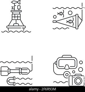 Ensemble d'icônes linéaires d'exploration marine Illustration de Vecteur