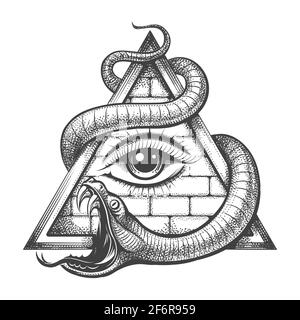 Tatouage de tous les yeux de voir dans le triangle du delta magique entiné par le serpent de la sagesse. Illustration vectorielle Illustration de Vecteur