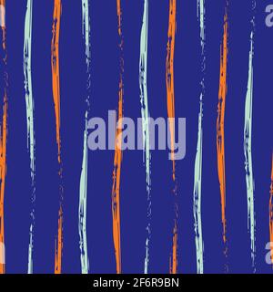 Contour de pinceau ondulé vecteur rayé fond de motif sans couture. Ondulations verticales pâles alternant des lignes orange bleues sur fond indigo. Main Illustration de Vecteur