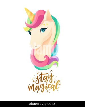 Le joli visage de licorne à la coupe plate et le texte à la main restent magiques. Illustration vectorielle de dessin animé. Illustration de Vecteur