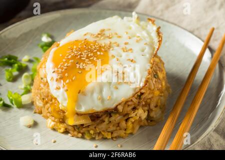 Potsticker maison riz frit avec un œuf Banque D'Images