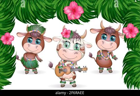 Nouvelle année tropicale 2021, célébration. Groupe de vaches et taureaux comme danseuses de hula avec guitares acoustiques ukulele, Hawaii. Illustration de Vecteur