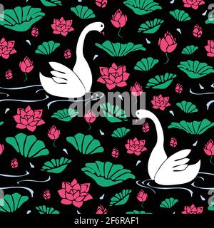 Motif vectoriel sans couture avec cygnes et fleur de lotus sur fond noir. Papier peint fleuri simple avec oiseaux. Illustration de Vecteur