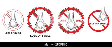 Ensemble d'icônes de détection de perte d'odeur. Pas de sensation de capacité, écoulement nasal. Anosmie, virus corona ou symptôme de la maladie de la grippe. Difficulté à sentir le nez. Vecteur Illustration de Vecteur