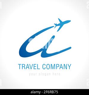 Un concept de logo de compagnie de voyage. Compagnie aérienne, de transport ou de logistique 'a' nom avec avion de vol. Identité de marque, emblème vectoriel. Isolé ab Illustration de Vecteur