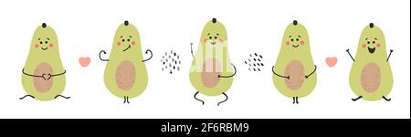 Avocat souriant et gai. Ensemble d'aliments sains verts. Collection Vegan dessinée à la main. Illustration vectorielle Illustration de Vecteur