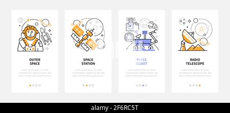 Exploration de l'espace - bannières Web de style design de ligne moderne avec espace de copie pour le texte. Icônes linéaires de l'astronaute, de la station, du robot et du radiotélescope. Carrousel p Illustration de Vecteur