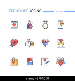 Saint-Valentin - ensemble d'icônes de style moderne. Amour, idée de relations. Images colorées d'un couple, calendrier, lettre, présent, chat, m Illustration de Vecteur