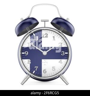 Réveil avec drapeau finlandais, rendu 3D isolé sur fond blanc Banque D'Images