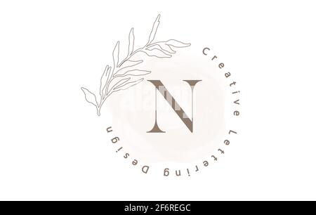 Logo lettre N avec motif aquarelle et lettres circulaires et feuilles de contour dans des couleurs pastel. Illustration vectorielle créative avec la lettre N pour être Illustration de Vecteur