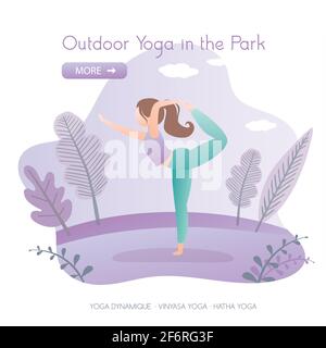 Fille faisant yoga pose, hatha yoga dans le parc, Web modèle de bannière, place pour le texte, entraînement ou fitness en plein air, illustration vectorielle dans le style tendance. Illustration de Vecteur