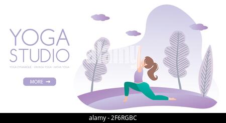 Fille faisant yoga pose, hatha yoga dans le parc, Web bannière modèle, place pour le texte, illustration vectorielle dans le style tendance. Illustration de Vecteur