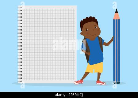 Joyeux garçon d'école afro-américain avec un gros crayon et une école sac, page de bloc-notes vide, illustration vectorielle plate Illustration de Vecteur