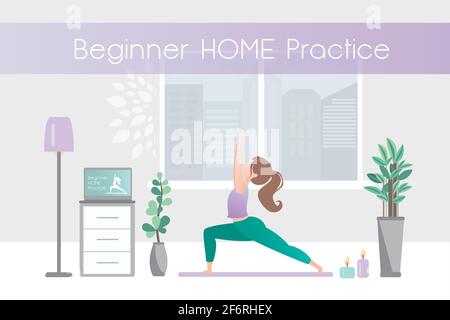 Fille faisant yoga pose, hatha yoga à la maison, intérieur avec meubles, illustration vectorielle dans un style tendance Illustration de Vecteur