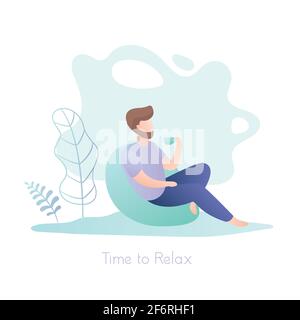 Boxer ou collègue avec une tasse assise dans un fauteuil, détente, pause en plein air, illustration vectorielle tendance Illustration de Vecteur