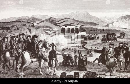 La bataille de la Boyne, une bataille en 1690 entre les forces du roi déchu James II d'Angleterre et d'Irlande, et celles du roi Guillaume III qui avait accédé aux couronnes d'Angleterre et d'Écosse en 1689. La bataille a eu lieu à travers le fleuve Boyne près de la ville de Drogheda dans le Royaume d'Irlande, République moderne d'Irlande, et a abouti à une victoire pour William. Cela a tourné la tendance dans la tentative avortée de James de regagner la couronne britannique et a finalement aidé à assurer la poursuite de l'ascendant protestant en Irlande. Banque D'Images