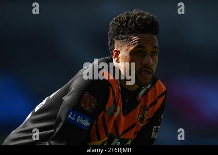 Derrell Olpherts (2) de Castleford Tigers lors de l'échauffement avant le match, le 4/2/2021. (Photo de Craig Thomas/News Images/Sipa USA) crédit: SIPA USA/Alay Live News Banque D'Images