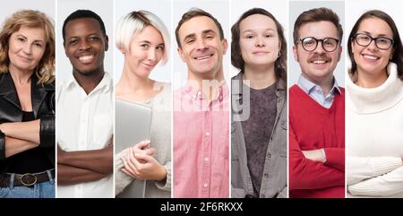 Collage de jeunes et de personnes âgées souriant en toute confiance à la caméra. Banque D'Images