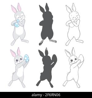 Ensemble de lapin de Pâques simple de style une ligne. Icône lapin. Silhouettes noires et illustration vectorielle minimaliste blanche. Illustration de Vecteur